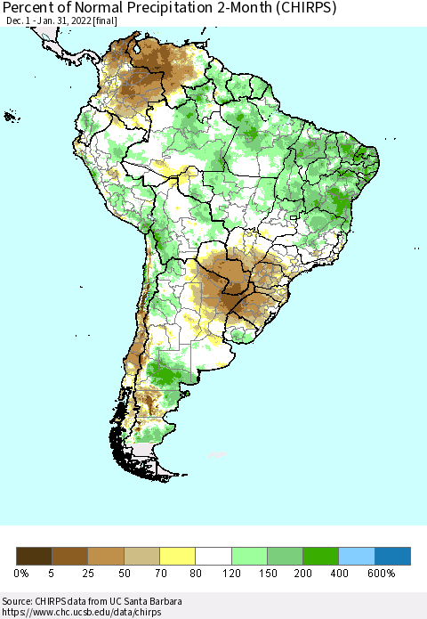South America Percent of Normal Precipitation 2-Month (CHIRPS) Thematic Map For 12/1/2021 - 1/31/2022