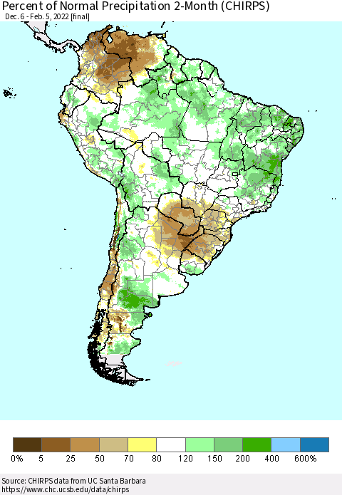 South America Percent of Normal Precipitation 2-Month (CHIRPS) Thematic Map For 12/6/2021 - 2/5/2022