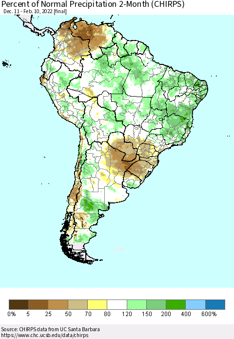 South America Percent of Normal Precipitation 2-Month (CHIRPS) Thematic Map For 12/11/2021 - 2/10/2022