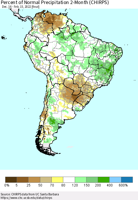 South America Percent of Normal Precipitation 2-Month (CHIRPS) Thematic Map For 12/16/2021 - 2/15/2022