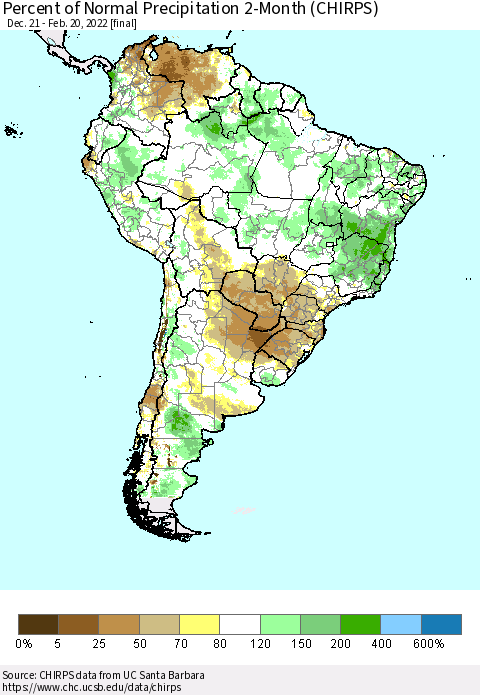 South America Percent of Normal Precipitation 2-Month (CHIRPS) Thematic Map For 12/21/2021 - 2/20/2022