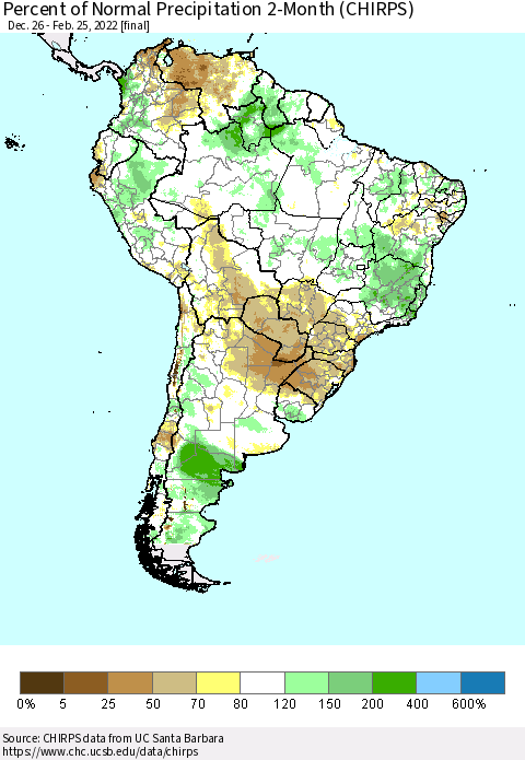 South America Percent of Normal Precipitation 2-Month (CHIRPS) Thematic Map For 12/26/2021 - 2/25/2022