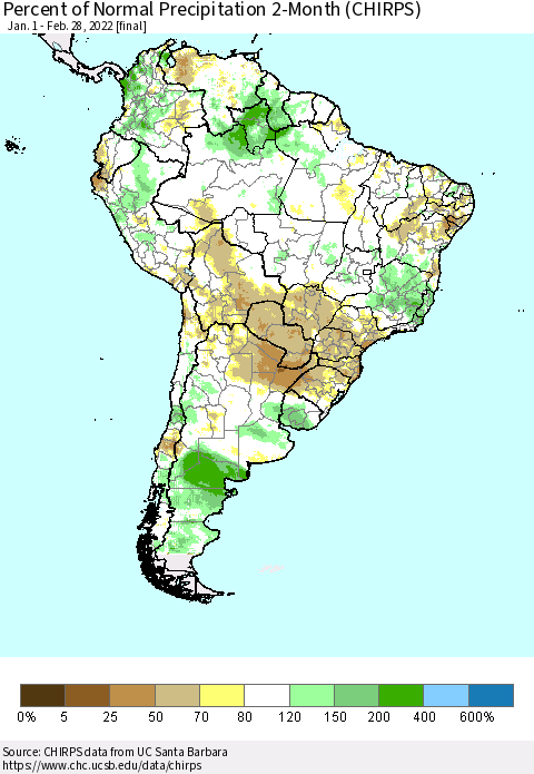 South America Percent of Normal Precipitation 2-Month (CHIRPS) Thematic Map For 1/1/2022 - 2/28/2022