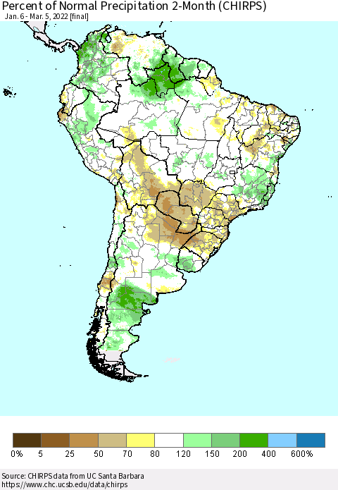 South America Percent of Normal Precipitation 2-Month (CHIRPS) Thematic Map For 1/6/2022 - 3/5/2022