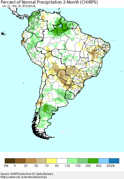 South America Percent of Normal Precipitation 2-Month (CHIRPS) Thematic Map For 1/11/2022 - 3/10/2022