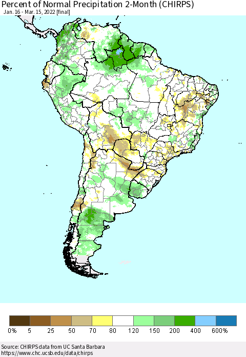 South America Percent of Normal Precipitation 2-Month (CHIRPS) Thematic Map For 1/16/2022 - 3/15/2022