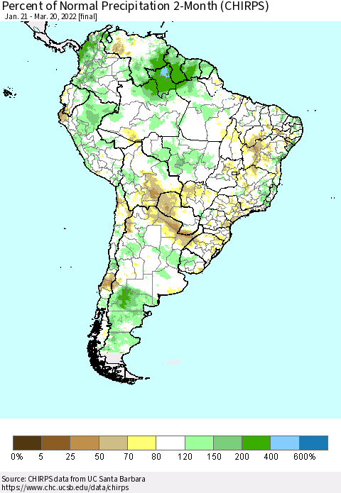 South America Percent of Normal Precipitation 2-Month (CHIRPS) Thematic Map For 1/21/2022 - 3/20/2022