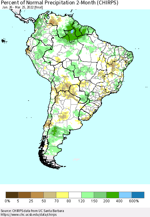 South America Percent of Normal Precipitation 2-Month (CHIRPS) Thematic Map For 1/26/2022 - 3/25/2022