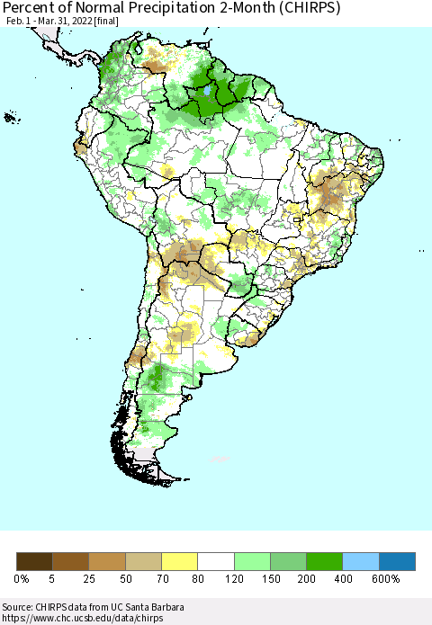 South America Percent of Normal Precipitation 2-Month (CHIRPS) Thematic Map For 2/1/2022 - 3/31/2022