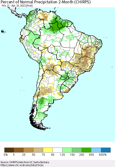 South America Percent of Normal Precipitation 2-Month (CHIRPS) Thematic Map For 2/11/2022 - 4/10/2022