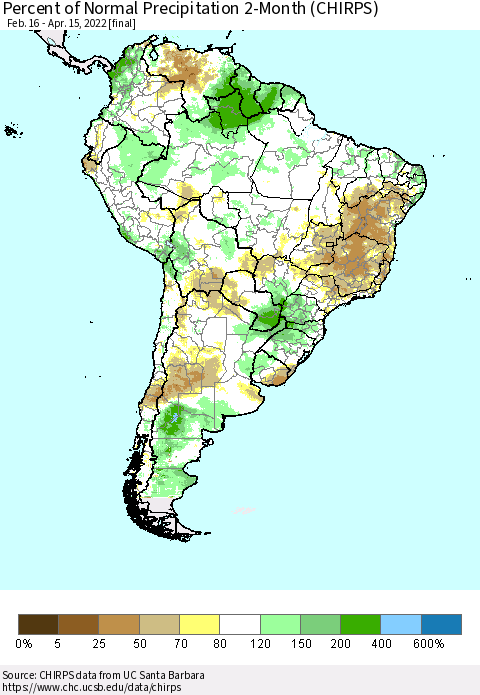 South America Percent of Normal Precipitation 2-Month (CHIRPS) Thematic Map For 2/16/2022 - 4/15/2022