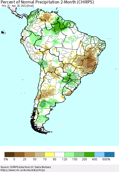 South America Percent of Normal Precipitation 2-Month (CHIRPS) Thematic Map For 2/21/2022 - 4/20/2022