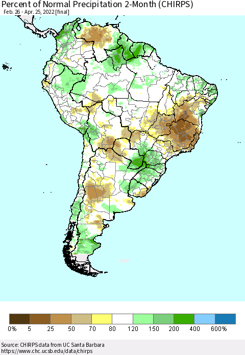 South America Percent of Normal Precipitation 2-Month (CHIRPS) Thematic Map For 2/26/2022 - 4/25/2022