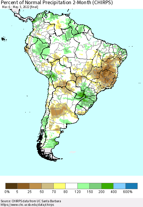 South America Percent of Normal Precipitation 2-Month (CHIRPS) Thematic Map For 3/6/2022 - 5/5/2022