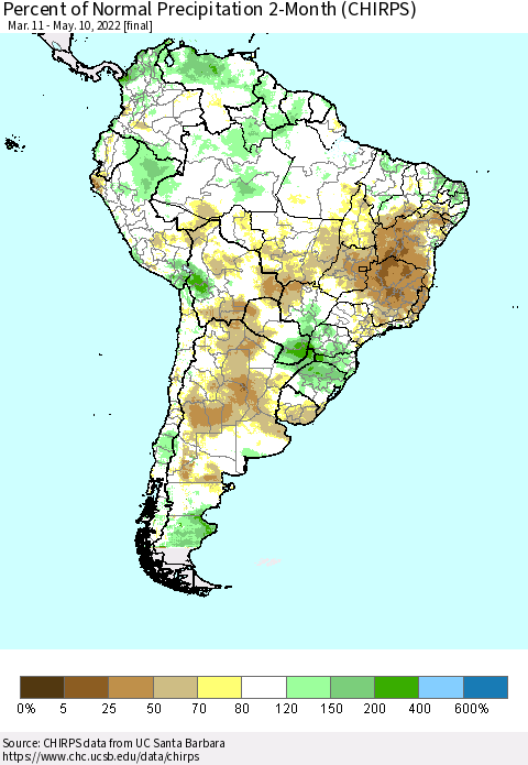 South America Percent of Normal Precipitation 2-Month (CHIRPS) Thematic Map For 3/11/2022 - 5/10/2022
