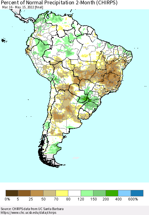 South America Percent of Normal Precipitation 2-Month (CHIRPS) Thematic Map For 3/16/2022 - 5/15/2022