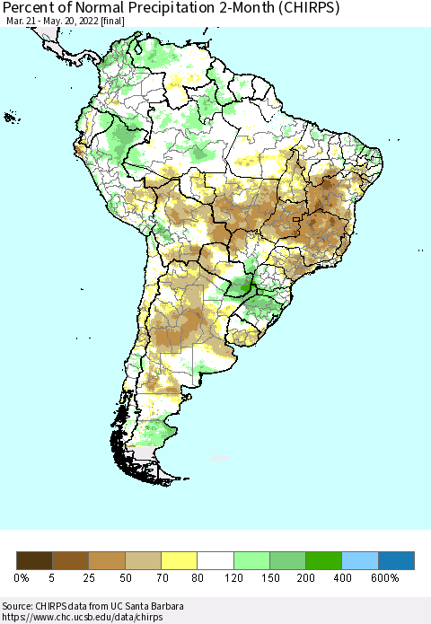 South America Percent of Normal Precipitation 2-Month (CHIRPS) Thematic Map For 3/21/2022 - 5/20/2022