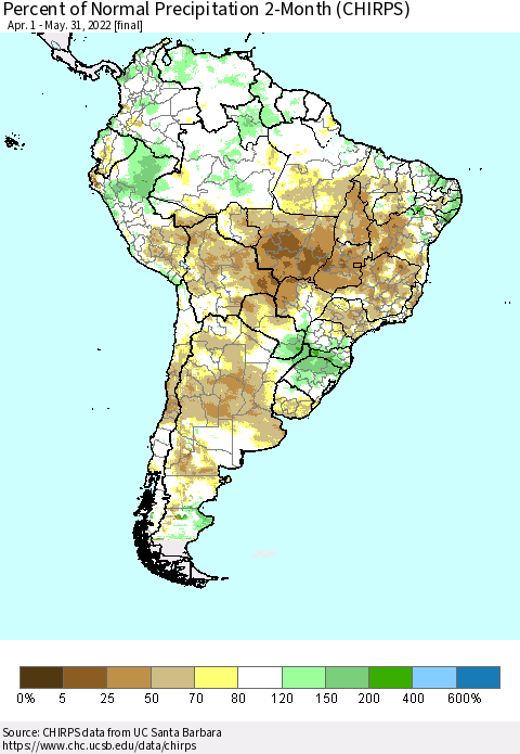 South America Percent of Normal Precipitation 2-Month (CHIRPS) Thematic Map For 4/1/2022 - 5/31/2022