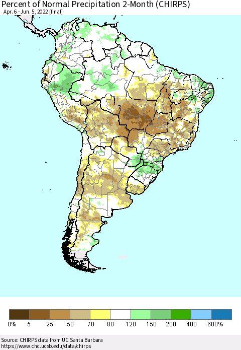 South America Percent of Normal Precipitation 2-Month (CHIRPS) Thematic Map For 4/6/2022 - 6/5/2022