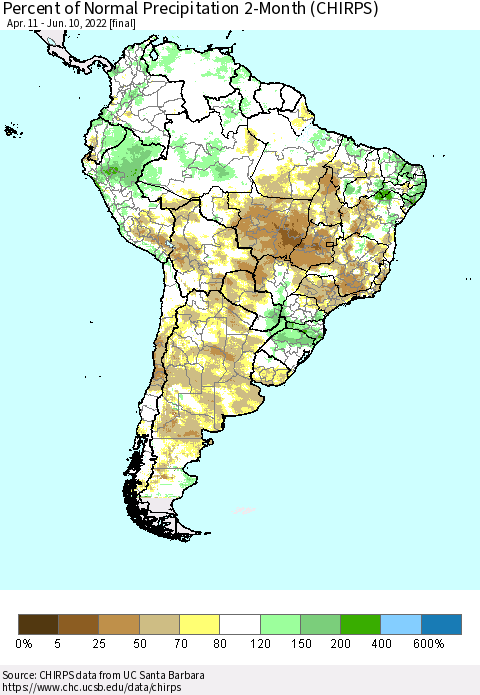 South America Percent of Normal Precipitation 2-Month (CHIRPS) Thematic Map For 4/11/2022 - 6/10/2022