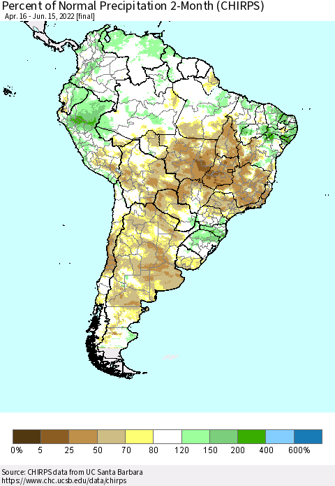 South America Percent of Normal Precipitation 2-Month (CHIRPS) Thematic Map For 4/16/2022 - 6/15/2022