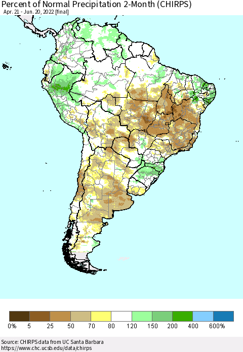 South America Percent of Normal Precipitation 2-Month (CHIRPS) Thematic Map For 4/21/2022 - 6/20/2022