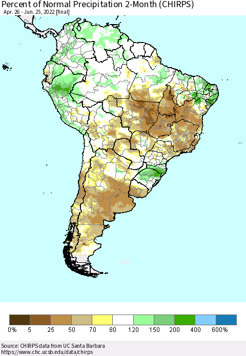 South America Percent of Normal Precipitation 2-Month (CHIRPS) Thematic Map For 4/26/2022 - 6/25/2022