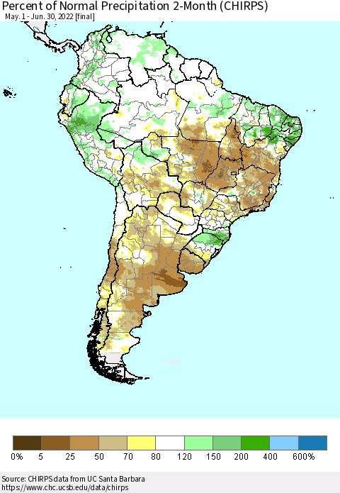 South America Percent of Normal Precipitation 2-Month (CHIRPS) Thematic Map For 5/1/2022 - 6/30/2022