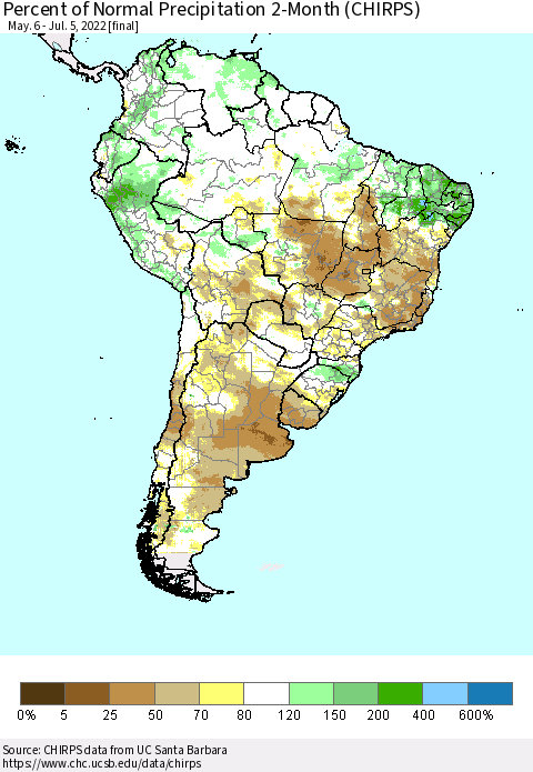 South America Percent of Normal Precipitation 2-Month (CHIRPS) Thematic Map For 5/6/2022 - 7/5/2022