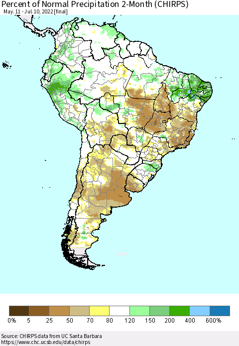South America Percent of Normal Precipitation 2-Month (CHIRPS) Thematic Map For 5/11/2022 - 7/10/2022