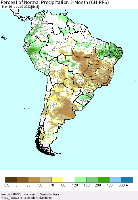 South America Percent of Normal Precipitation 2-Month (CHIRPS) Thematic Map For 5/16/2022 - 7/15/2022