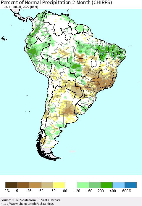 South America Percent of Normal Precipitation 2-Month (CHIRPS) Thematic Map For 6/1/2022 - 7/31/2022