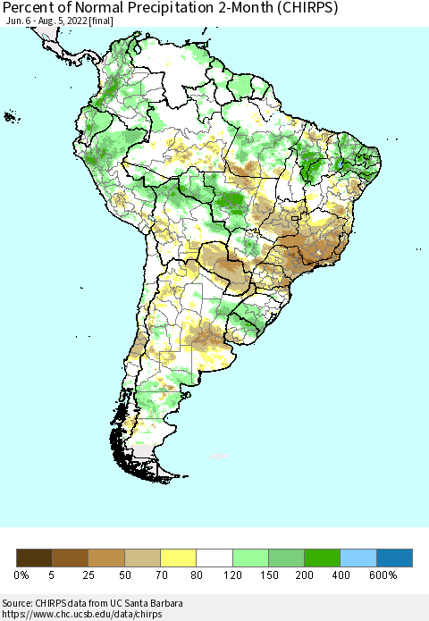 South America Percent of Normal Precipitation 2-Month (CHIRPS) Thematic Map For 6/6/2022 - 8/5/2022