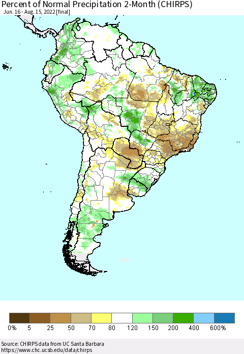 South America Percent of Normal Precipitation 2-Month (CHIRPS) Thematic Map For 6/16/2022 - 8/15/2022