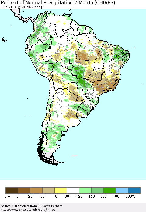 South America Percent of Normal Precipitation 2-Month (CHIRPS) Thematic Map For 6/21/2022 - 8/20/2022