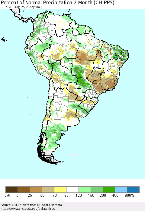 South America Percent of Normal Precipitation 2-Month (CHIRPS) Thematic Map For 6/26/2022 - 8/25/2022