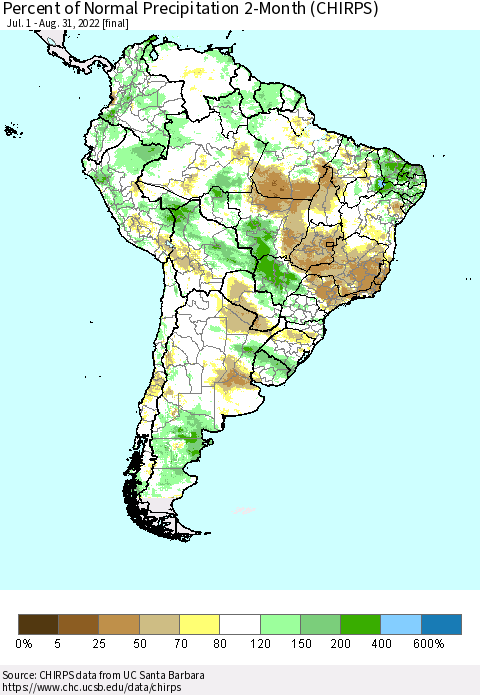 South America Percent of Normal Precipitation 2-Month (CHIRPS) Thematic Map For 7/1/2022 - 8/31/2022