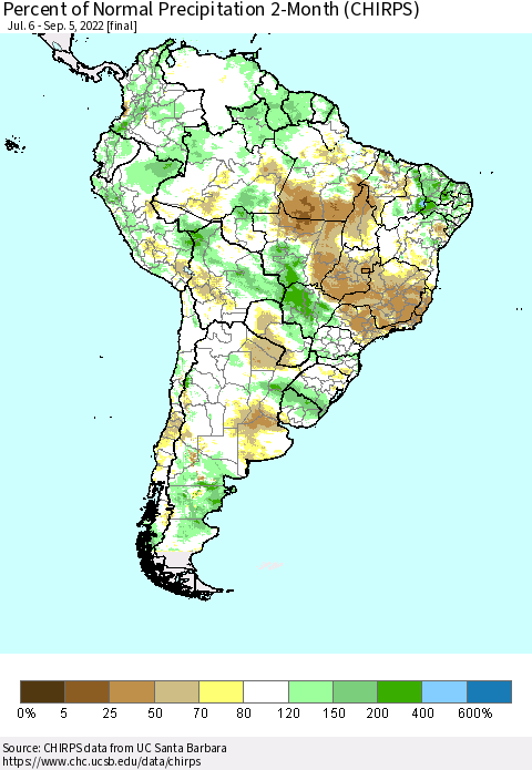 South America Percent of Normal Precipitation 2-Month (CHIRPS) Thematic Map For 7/6/2022 - 9/5/2022