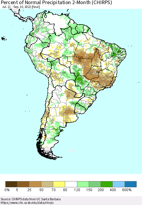 South America Percent of Normal Precipitation 2-Month (CHIRPS) Thematic Map For 7/11/2022 - 9/10/2022