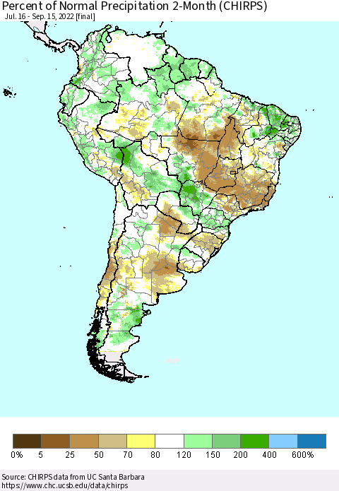 South America Percent of Normal Precipitation 2-Month (CHIRPS) Thematic Map For 7/16/2022 - 9/15/2022