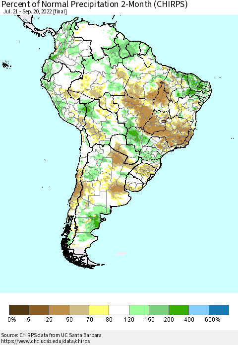 South America Percent of Normal Precipitation 2-Month (CHIRPS) Thematic Map For 7/21/2022 - 9/20/2022