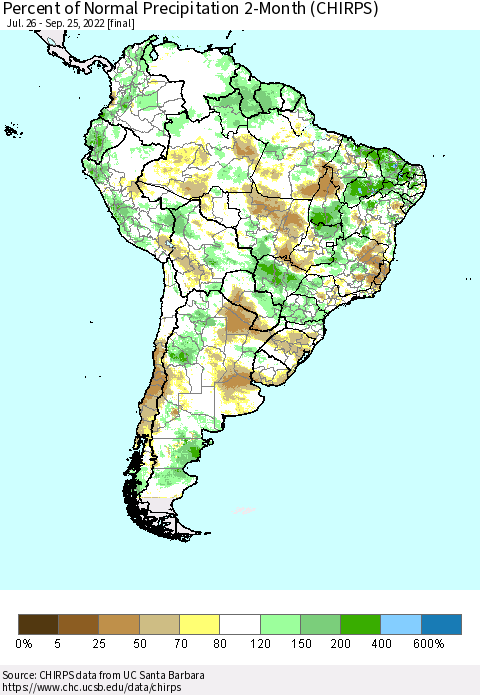 South America Percent of Normal Precipitation 2-Month (CHIRPS) Thematic Map For 7/26/2022 - 9/25/2022