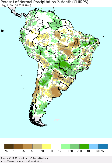 South America Percent of Normal Precipitation 2-Month (CHIRPS) Thematic Map For 8/1/2022 - 9/30/2022