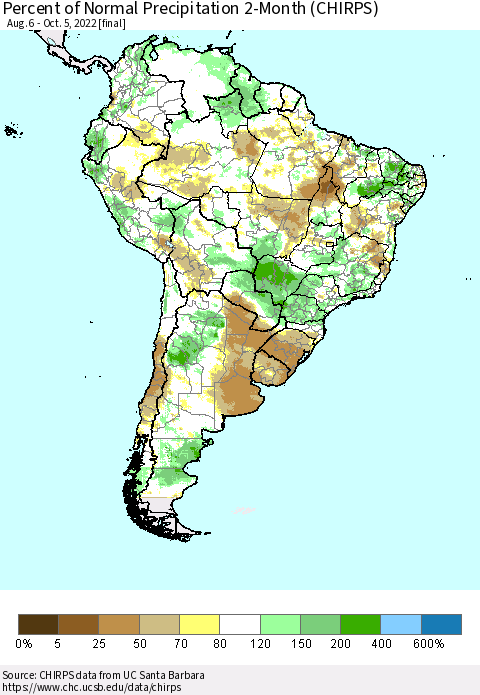 South America Percent of Normal Precipitation 2-Month (CHIRPS) Thematic Map For 8/6/2022 - 10/5/2022