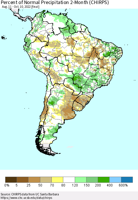 South America Percent of Normal Precipitation 2-Month (CHIRPS) Thematic Map For 8/11/2022 - 10/10/2022