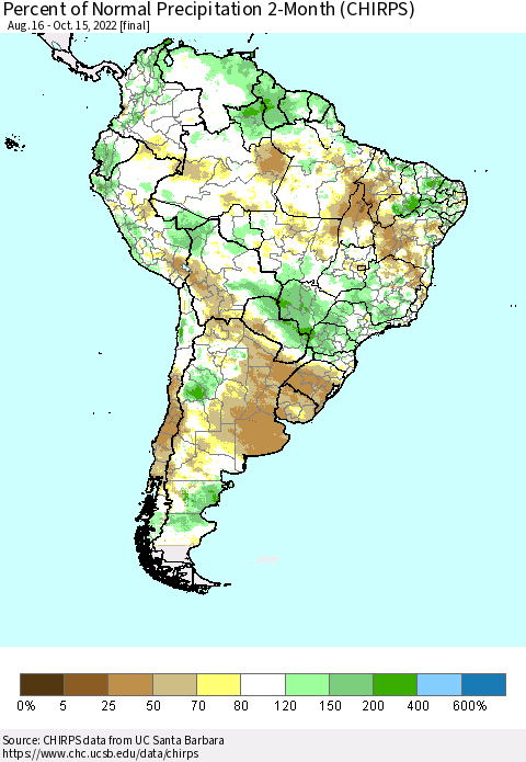 South America Percent of Normal Precipitation 2-Month (CHIRPS) Thematic Map For 8/16/2022 - 10/15/2022