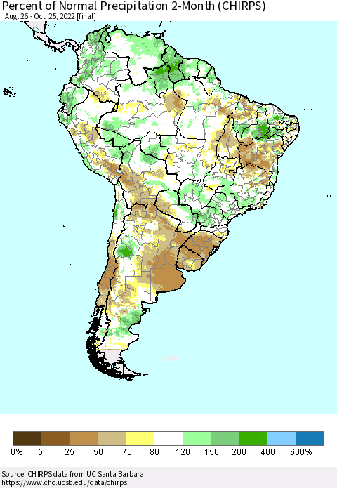 South America Percent of Normal Precipitation 2-Month (CHIRPS) Thematic Map For 8/26/2022 - 10/25/2022