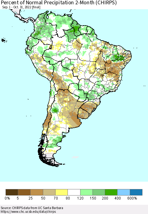 South America Percent of Normal Precipitation 2-Month (CHIRPS) Thematic Map For 9/1/2022 - 10/31/2022