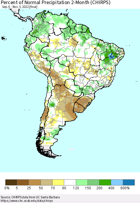 South America Percent of Normal Precipitation 2-Month (CHIRPS) Thematic Map For 9/6/2022 - 11/5/2022