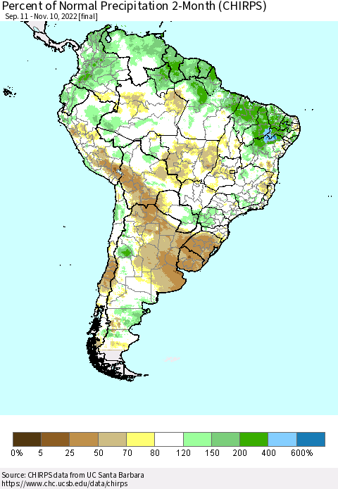 South America Percent of Normal Precipitation 2-Month (CHIRPS) Thematic Map For 9/11/2022 - 11/10/2022